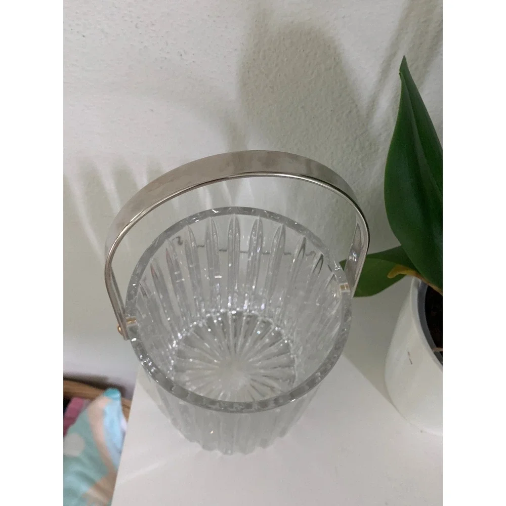 Vintage‎ Ribbed Crystal Glass Ice Bucket with Silver Swing Handle Clear Fluted